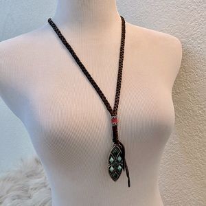 Lucky Brand Necklace with brown braided leather and silver tone & green pendant